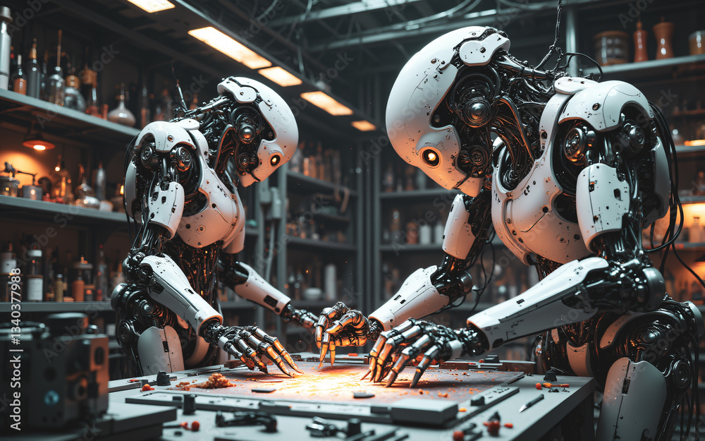 Leinwandbilder Two humanoid robots collaborate on a complex project in a brightly lit, organized workshop filled with tools and equipment. They are focused and precise in their task.