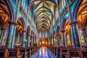 Fototapeta premium Majestic Gothic Cathedral Interior: High Pillars, Altar, and Aisle