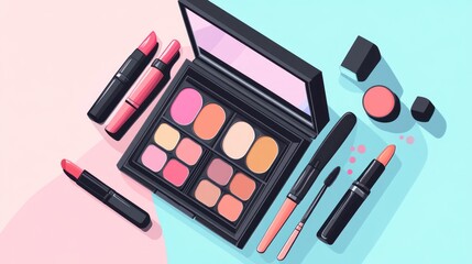 Flat lay makeup cosmetics, various shades,  pastel background, beauty products