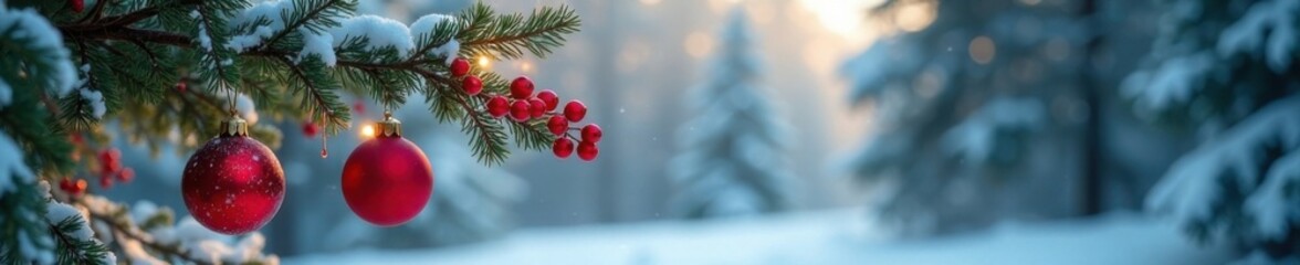 Christmas tree branch with ornaments and red berries in a snow-covered forest, branches, ornaments