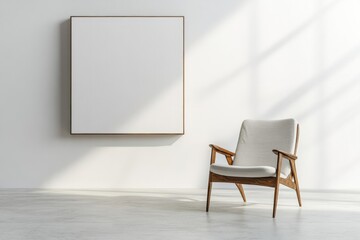 Minimalist interior with empty frame and armchair in sunlight for artistic home decor and gallery mockup with contemporary design and bright neutral color palette