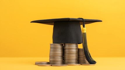 A graduation cap sits atop a stack of coins, symbolizing education's value and financial investment in future success.
