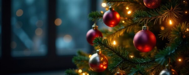 Fototapeta premium Christmas tree decorated with lights and ornaments, colorful, garlands