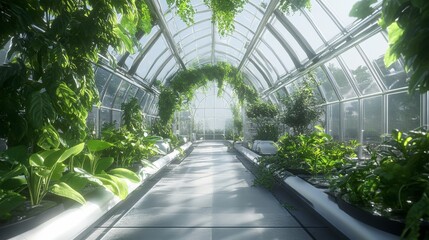A futuristic greenhouse with AI-controlled climate systems and self-watering mechanisms