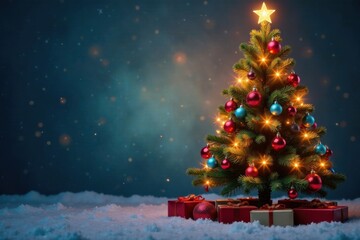 Obraz premium Christmas tree with colorful ornaments and lights, Holiday Decor, Festive, Ornaments