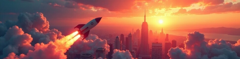 Rocket Ship Soaring Through Skyline At Sunset, corporate branding, business growth
