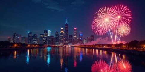 Fototapeta premium Cityscape at night with fireworks and sparkling lights on a new year's eve backdrop, fireworks explosion, cityscape