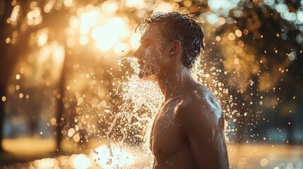 Obraz premium A runner splashing water on their face, cooling off in a sunny park 
