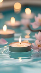 A serene scene featuring floating candles and delicate flowers in calm water, creating a tranquil ambiance perfect for relaxation and meditation.