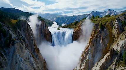 Fototapeta premium Majestic waterfall cascading into serene tropical pool - aerial photography of nature's wonder