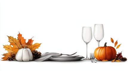 Beautiful autumn table setting with plates, glasses, a pumpkin, and colorful leaves for festive celebrations.