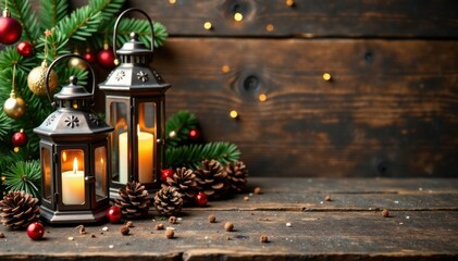 Rustic wooden Christmas setup with lanterns and pinecones, wood, decoration