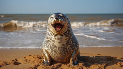 A playful seal barks on a sandy beach with waves in the background.