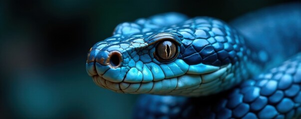 Close-up of blue viper snake's head with pointed snout and sharp teeth, reptile portrait, snake habitat