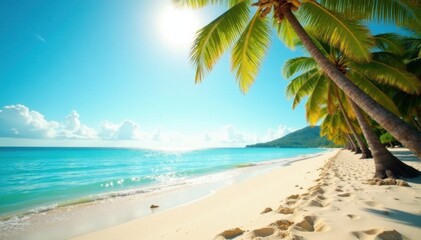 Obraz premium Sandy beach with palm trees under warm sunny sky , trees, ocean, water