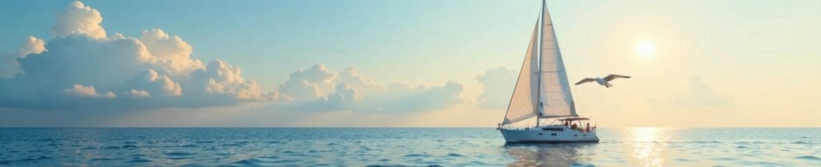 Fototapeta premium Seagull soaring above a sailboat on calm waters, morning light, marine life
