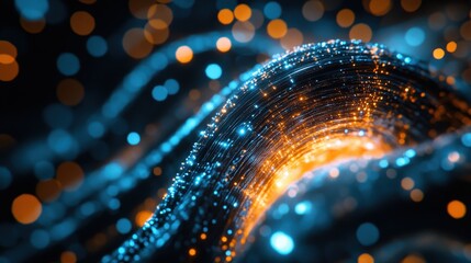 Close-up of glowing fiber optic cables, symbolizing high-speed data transfer.