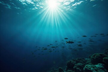 Obraz premium School of fish swimming beneath a vast expanse of dark blue ocean surface, sunlight filtering down from above, fish school, ocean ecology, dark blue water