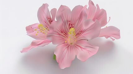Obraz premium A beautiful pink flower that features delicate petals and has yellow stamens is showcased all by itself on a white background, highlighting the capabilities of generative AI. The flower's fine details
