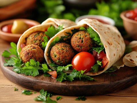 Delicious falafel wrap with fresh parsley and tomato on rustic wooden board culinary delight