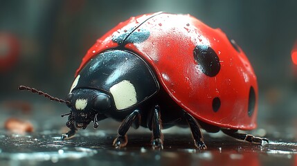 Macro shot of a ladybug with water droplets.