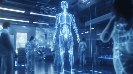 ホログラム人体模型が浮かぶ最先端医療施設