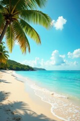 Serene turquoise ocean waves on a sandy white beach with swaying palm trees under warm golden light , turquoise, white