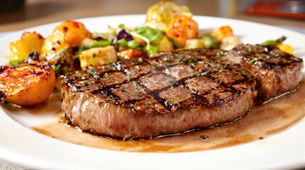 Beef strip steak grilled perfectly with caramelized crust served on elegant white plate alongside roasted seasonal vegetables garnished with fresh herbs gourmet dinner presentation