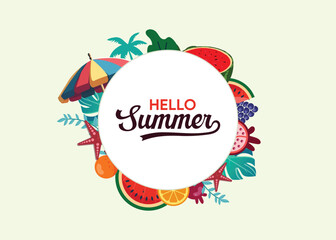 Hello summer abstract background with summer fruits, tropical , star fish, summer sale banner, poster design. Vector illustration