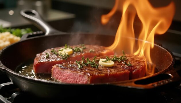 Beef strip steak sizzling hot in traditional cast iron skillet with melting butter garlic and fresh thyme flames visible during cooking process professional culinary preparation