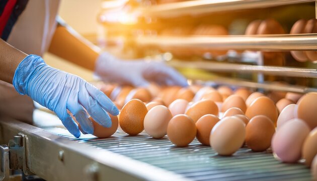 egg production line being inspected by a person wearing gloves