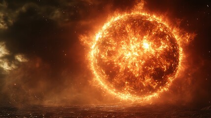 Obraz premium Fiery sun sphere in dark space.