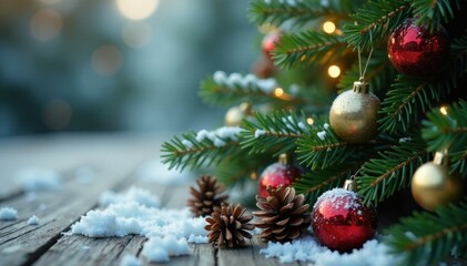 Close-up of lush fir branches with scattered pine cones and ornaments in a winter wonderland setting, rustic decoration, fir sprigs