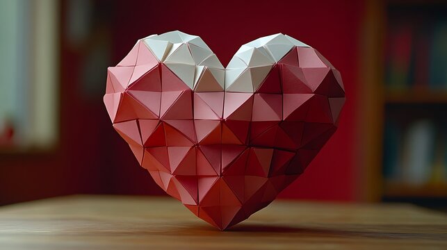 Low-poly red and white heart on wooden table.