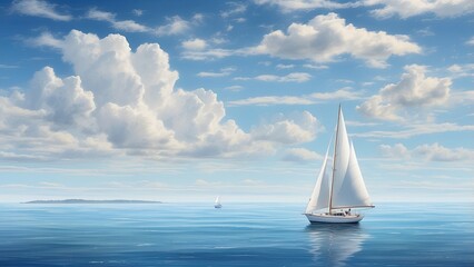 Obraz premium A serene seascape featuring a single sailboat gliding across calm, azure waters under a bright blue sky.