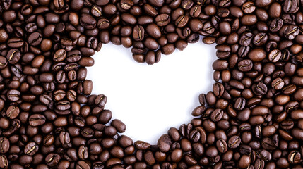 Coffee beans forming a heart shape on white.