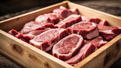 Fototapeta premium A wooden tray filled with various cuts of fresh meat,