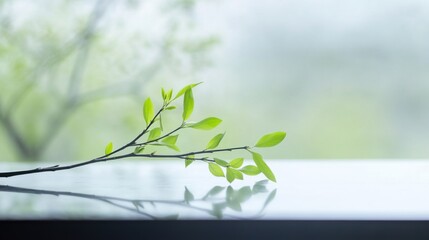 Fototapeta premium Fresh willow branch on wood, symbolizing renewal and tranquility during Qingming Festival.