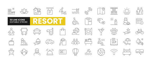 Set of 50 Resort line icons set. Resort outline icons with editable stroke collection. Includes Villa, Spa, Meditation, Room Service, Shopping, and More.