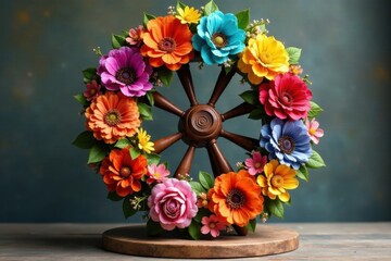 Obraz premium Colorful flowers arranged in a wheel on a wooden base, garden, nature