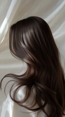 Beautiful model girl with Brown hair strand,silky healthy chestnut wavy hair strand,hair wavy ribbon, with smooth,Keratin straightening,Treatment,straight long hair,procedures,Smooth hairstyle.