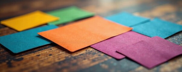 Colorful business cards scattered on a wooden desk, papers, office