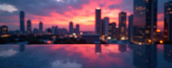 Fototapeta premium Sleek metallic surface reflecting urban cityscape at dusk , reflective, silhouette buildings, industrial