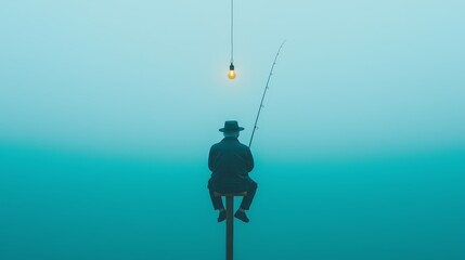 A solitary fisherman sitting on a post under a dim light, capturing the essence of tranquility and patience in nature.