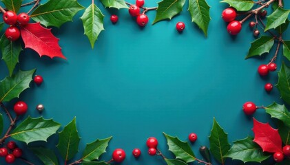 Colorful festive holly leaves on blue background , blue, christmas, foliage