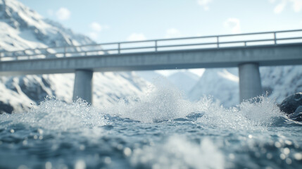 Bridge over Snowy River: A stunning, photorealistic view of a concrete bridge spanning over a rushing river, surrounded by snow-capped mountains and clear blue sky. 