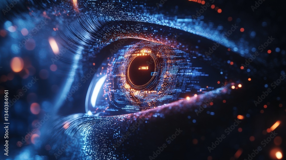 Poster digital eye surrounded by data visualizations and graphs, representing the power of ai in virtual bu