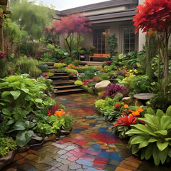 Obraz premium Rainy Garden Becomes a Vibrant Sanctuary, Blending Water and Foliage into a Colorful Harmony