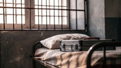 Close-up of a prison cell with a single bed, small barred window, and medical kit on table, symbolizing healthcare and confinement in correctional facilities.