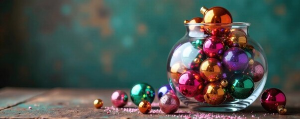 Colorful glass baubles and beads in a vintage-inspired vase, holly, beads